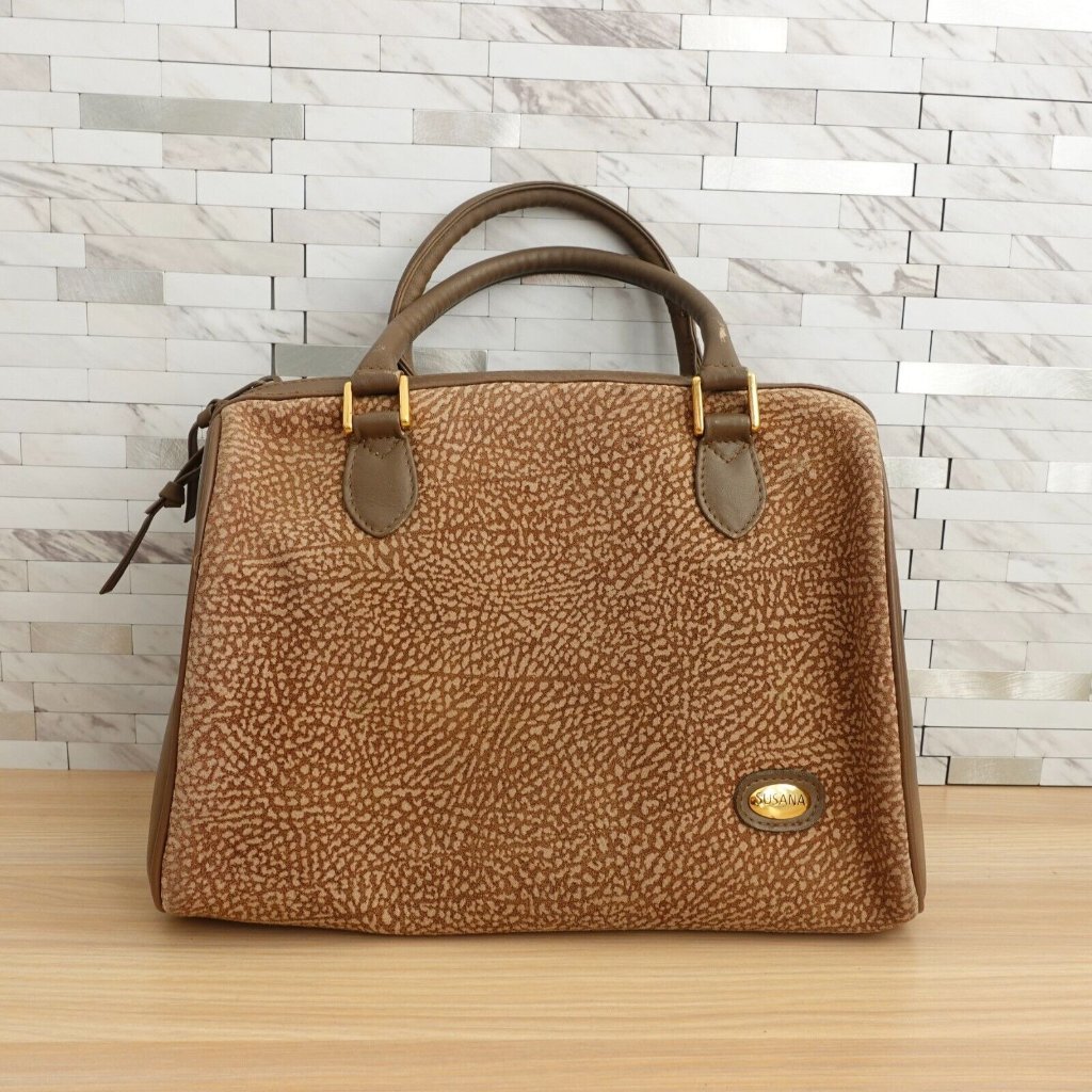 Vintage Brown Quail Print Handbag Leather Partridge Eye Japanese Susana Japan